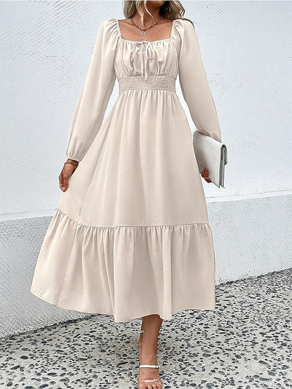 Women's Casual Dress Plain Dress Spring Dress Long Dress Maxi Dress Ruched Drawstring Street Daily Holiday Active Fashion Square Neck Long Sleeve  Regular Fit Apricot Color S M L XL Size