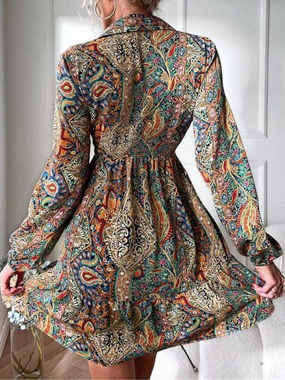 Women's Casual Dress Ethnic Dress A Line Dress Floral Paisley Button Print Shirt Collar Mini Dress Vintage Ethnic Outdoor Date Long Sleeve Loose Fit Blue Spring Fall S M L XL XXL