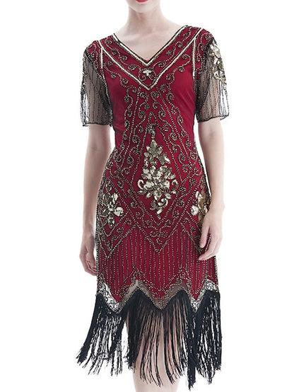 Women‘s Halloween Dress Retro 1920s Fringe Dress Midi Dress Party Outdoor Sequins Tassel Fringe Floral V Neck Short Sleeve Regular Fit Summer Spring  Black Golden S M L XL