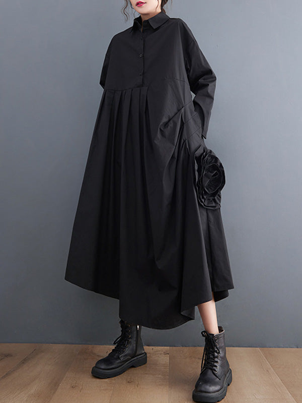 vmtvr - Urban Floral Applique Pleated Long Sleeves Shirt Dress Midi Dress