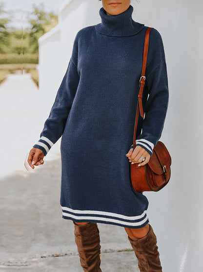 vmtvr - Simple Striped High-Neck Long Sleeves Mini Dress Sweater Dress