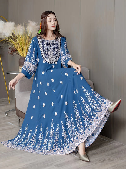 Boho Style Embroidered Dress, Elegant 3/4 Sleeve Swing Maxi Dress For Vacation, Women's Clothing