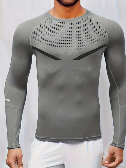 All-Season Men's Stretchy Fitness Shirt: Quick-Dry, Breathable, Long Sleeve Crew Neck - Perfect for Sports & Daily Wear