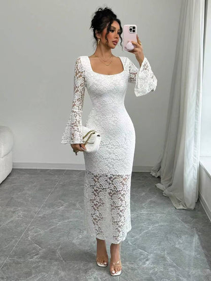 vmtvr - Guest Wedding Dress Woman Bodycon Shiny Square Collar Long Sleeves Lace Patchwork Birthday African Party Event Occasion Gown New