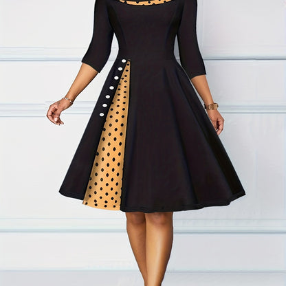 Vintage Retro Polka Dot A-line Dress - Flattering 3/4 Sleeves, Comfortable Casual Style - Feminine & Timeless Fashion for Women