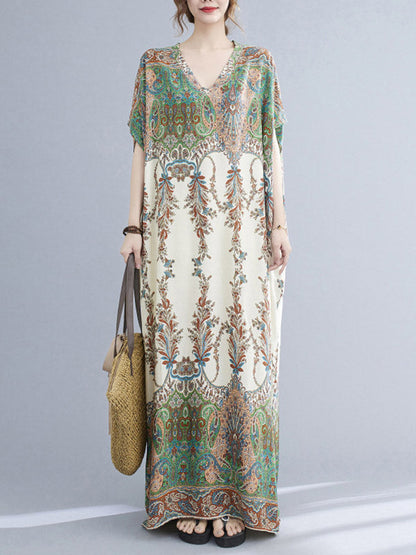 vmtvr - Vintage Floral Printed V-Neck Batwing Sleeves H-Line Maxi Dress