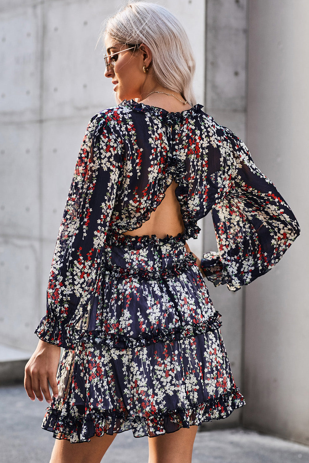 Classy Floral Frill Trim Plunge Flounce Sleeve Mini Dress