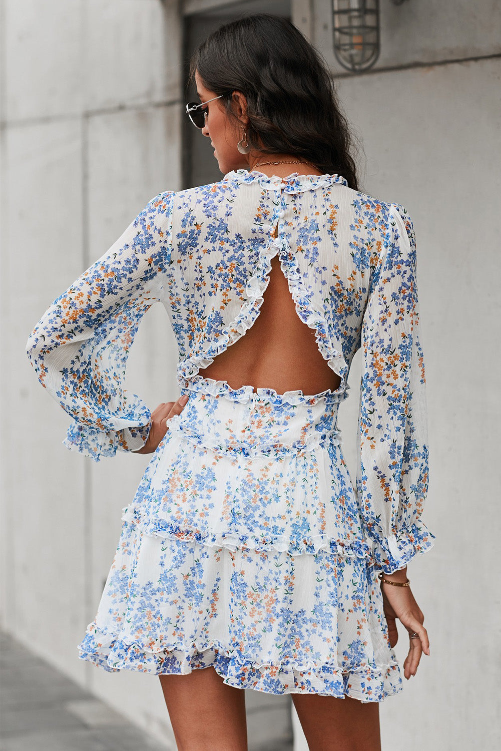 Classy Floral Frill Trim Plunge Flounce Sleeve Mini Dress