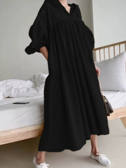 vmtvr - Urban Solid Color Pleated Long Sleeves Hooded Midi Dress