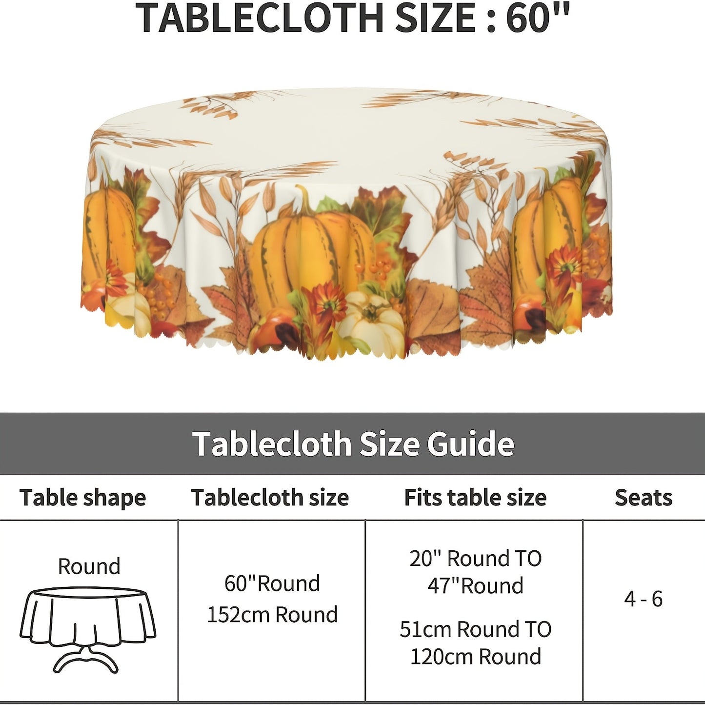 1pc, Round Tablecloth, Autumn Leaf Thanksgiving Pumpkin Table Cloth, Fall Tablecover, Waterproof Stain Wrinkle Free, Circle Tablecloth, Indoor And Outdoor Table Cover, For Home Kitchen Dining Party Decoration