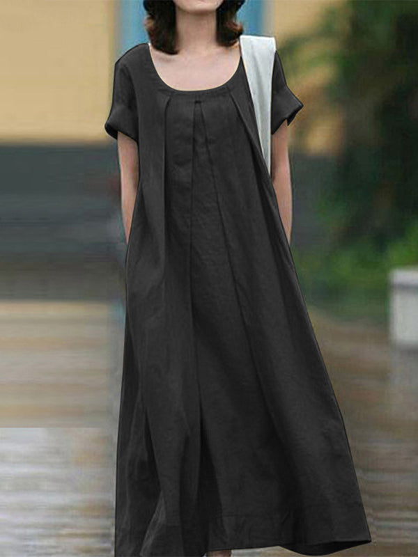 vmtvr - Simple Solid Color U-Neck Pleated Short Sleeves Maxi Dress