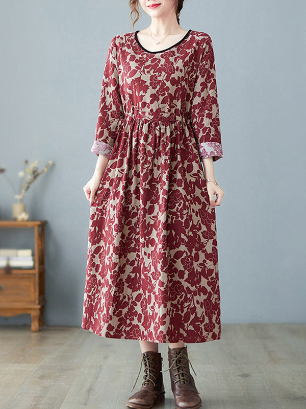 vmtvr - Artistic Retro Ramie Cotton Floral Printed Pleated Round-Neck Long Sleeves Midi Dress