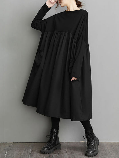 Simple Loose Black Split-Joint Long Sleeves Midi Dress