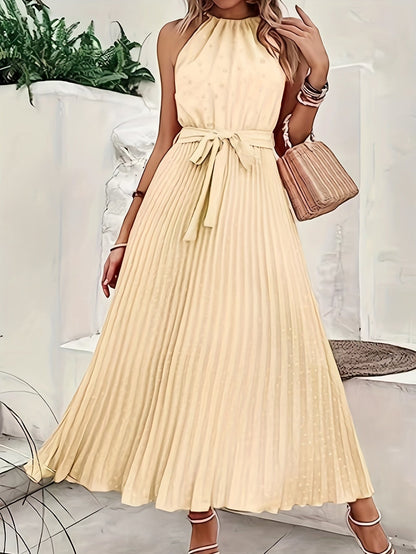 Solid Pleated Dress, Elegant Sleeveless Knotted Maxi Dress, Women's Clothing