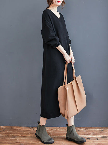 Loose Casual Solid Color V-Neck Long Sleeves Knitted Midi Dress