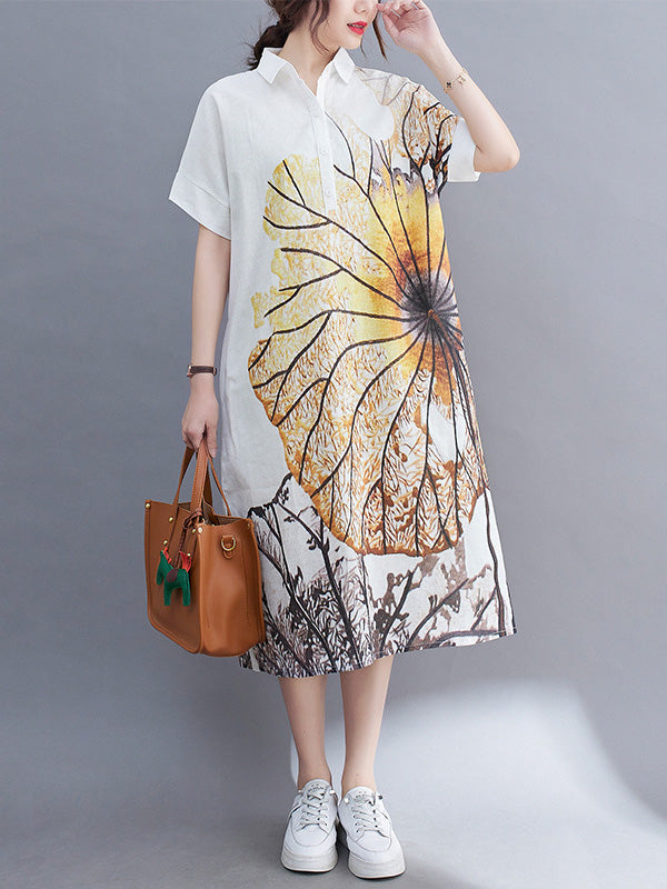 vmtvr - Artistic Retro Floral Printed Buttoned Lapel Collar Short Sleeves Midi Shirt Dress