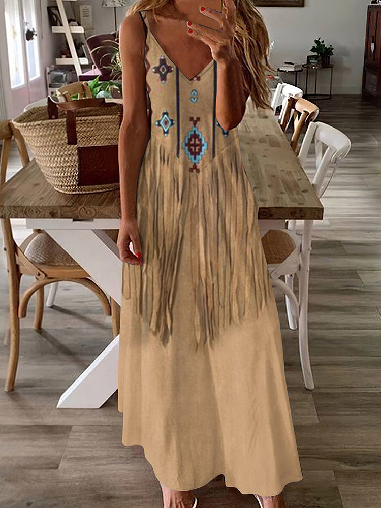 vmtvr - Vintage Western Fringe Print V-Neck Maxi Dress