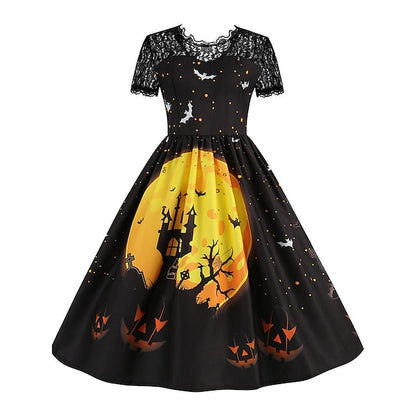 Women‘s Halloween Dress Retro 1950s Vintage Dress Midi Dress Holiday Lace Patchwork Graphic V Neck Short Sleeve Regular Fit Spring Fall  Black Blue S M L XL