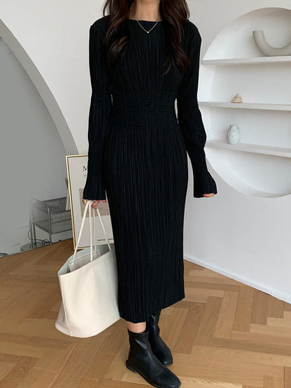 vmtvr - Simple Long Sleeves Black Split-Joint Elasticity Waist Pleated Midi Dress