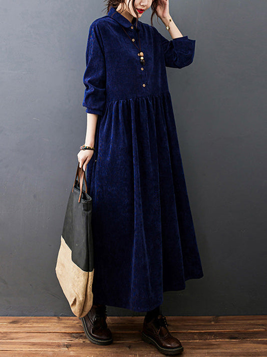 vmtvr - Vintage Split-Joint Solid Color Long Sleeves Lapel A-Line Corduroy Midi Dress