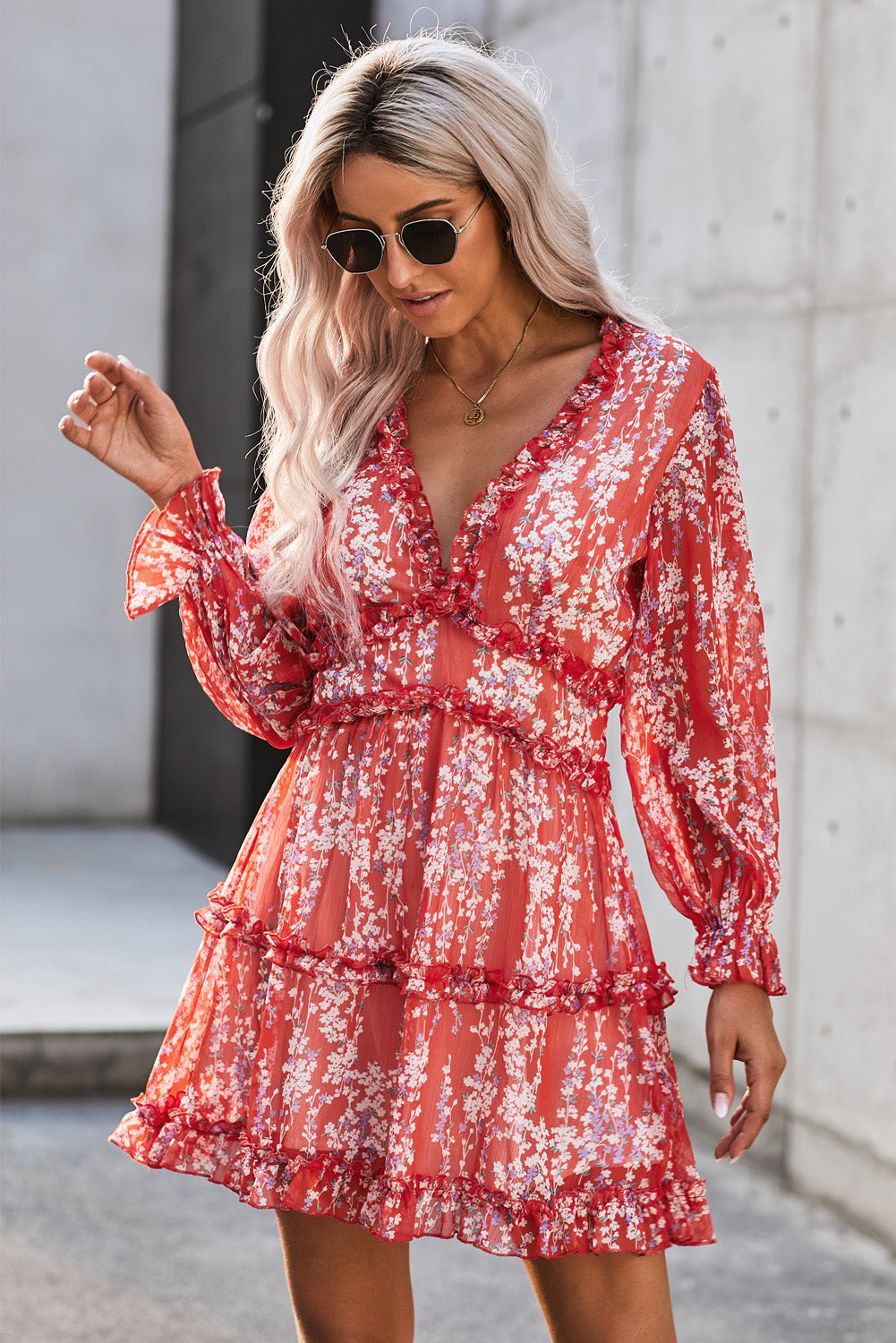 Classy Floral Frill Trim Plunge Flounce Sleeve Mini Dress