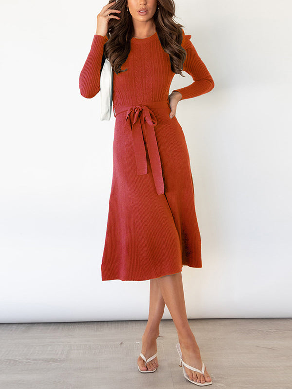 vmtvr - High Waisted Long Sleeves Solid Color Tied Waist Round-Neck Midi Dresses Sweater Dresses