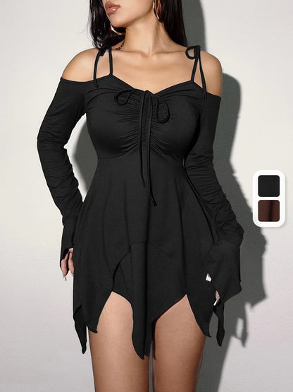 Asymmetric Hem Cold Shoulder Dress, Stylish Long Sleeve Knot Strap Drawstring Dress, Women's Clothing