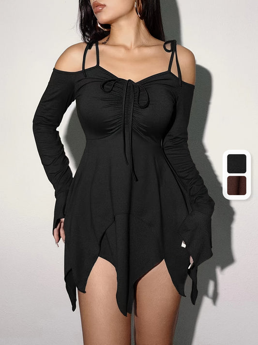 Asymmetric Hem Cold Shoulder Dress, Stylish Long Sleeve Knot Strap Drawstring Dress, Women's Clothing