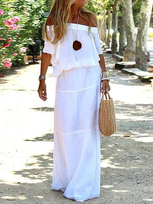 vmtvr - Horizontal Neck White Simple Women Casual Maxi Dress