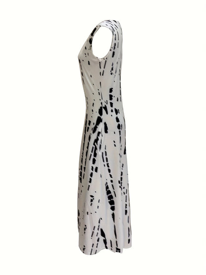 Abstract Print Midi Dress, Elegant Keyhole Sleeveless Dress, Women's Clothing