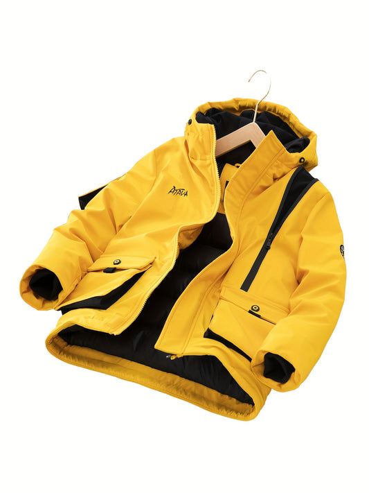 Boys Padded Hooded Jacket, Windproof Warm Hooded Coat, Color Clash Thickened Top, Boy's Clothes For Winter Outdoor Travel, As Christmas Gift