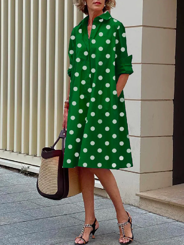 vmtvr - Vintage Long Sleeves Polka Dot Lapel Midi Dresses