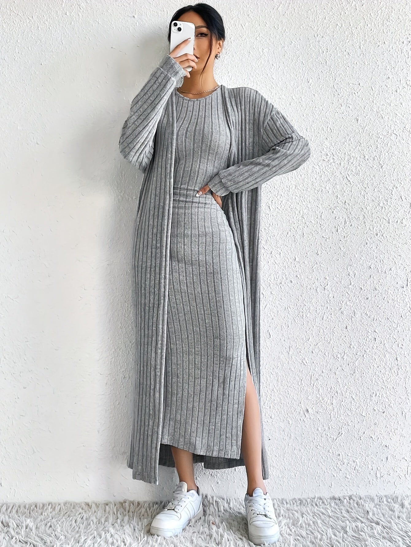 Solid Ribbed Knitted Dress Set, Elegant Open Front Long Sleeve Drop Shoulder Cardigan & Crew Neck Split Tank Dress Outfits, Women's Clothing