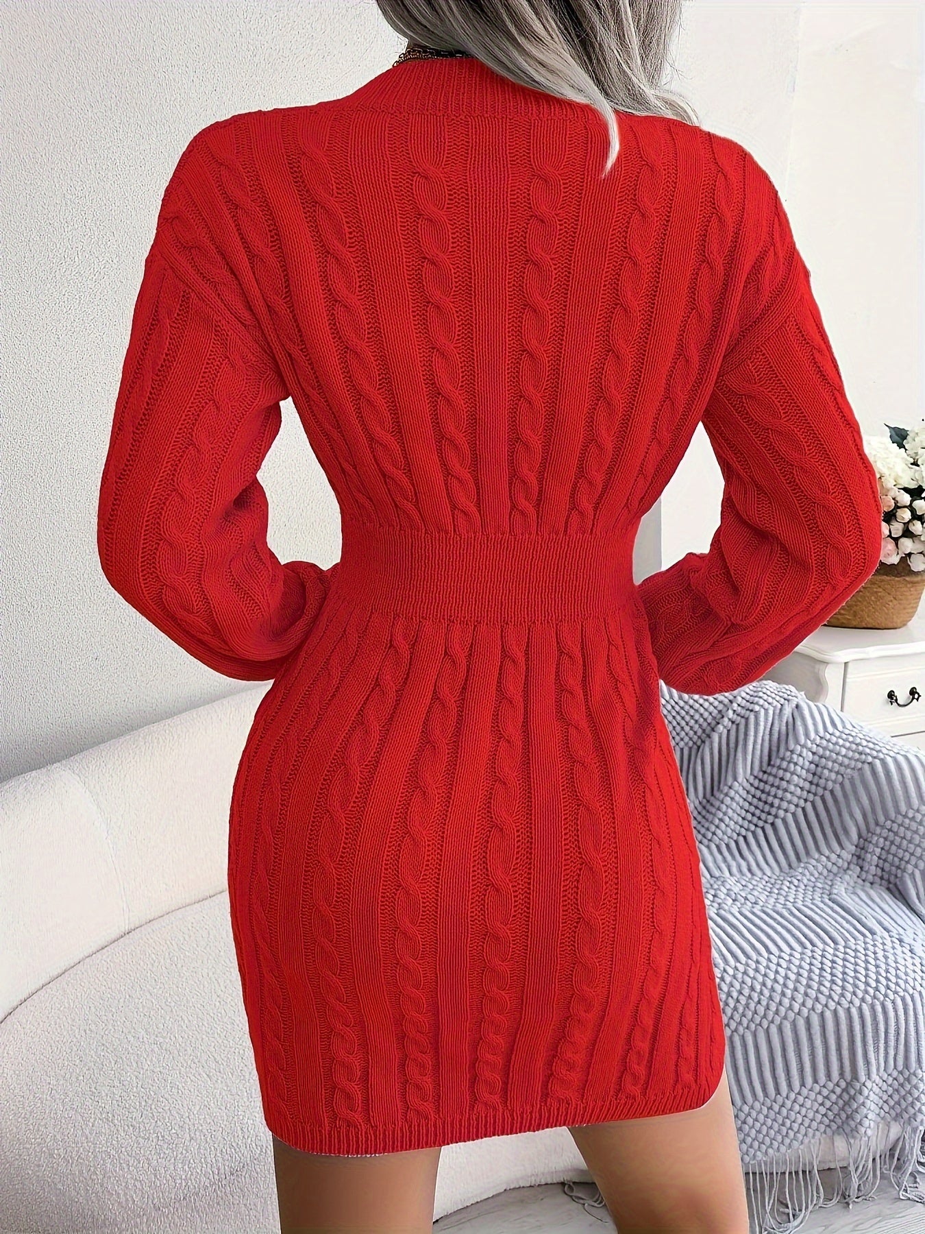 Cable Knit Sweater Dress, Casual V Neck Long Sleeve Bag Hip Dress, Women's Clothing