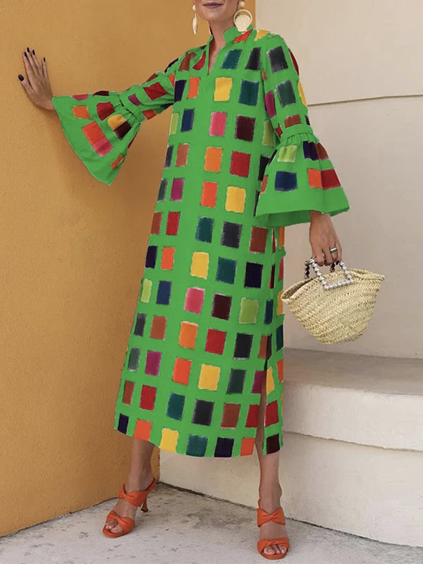 vmtvr - Original Flared Sleeves Split-Joint Multi-Colored Plaid Midi Dress