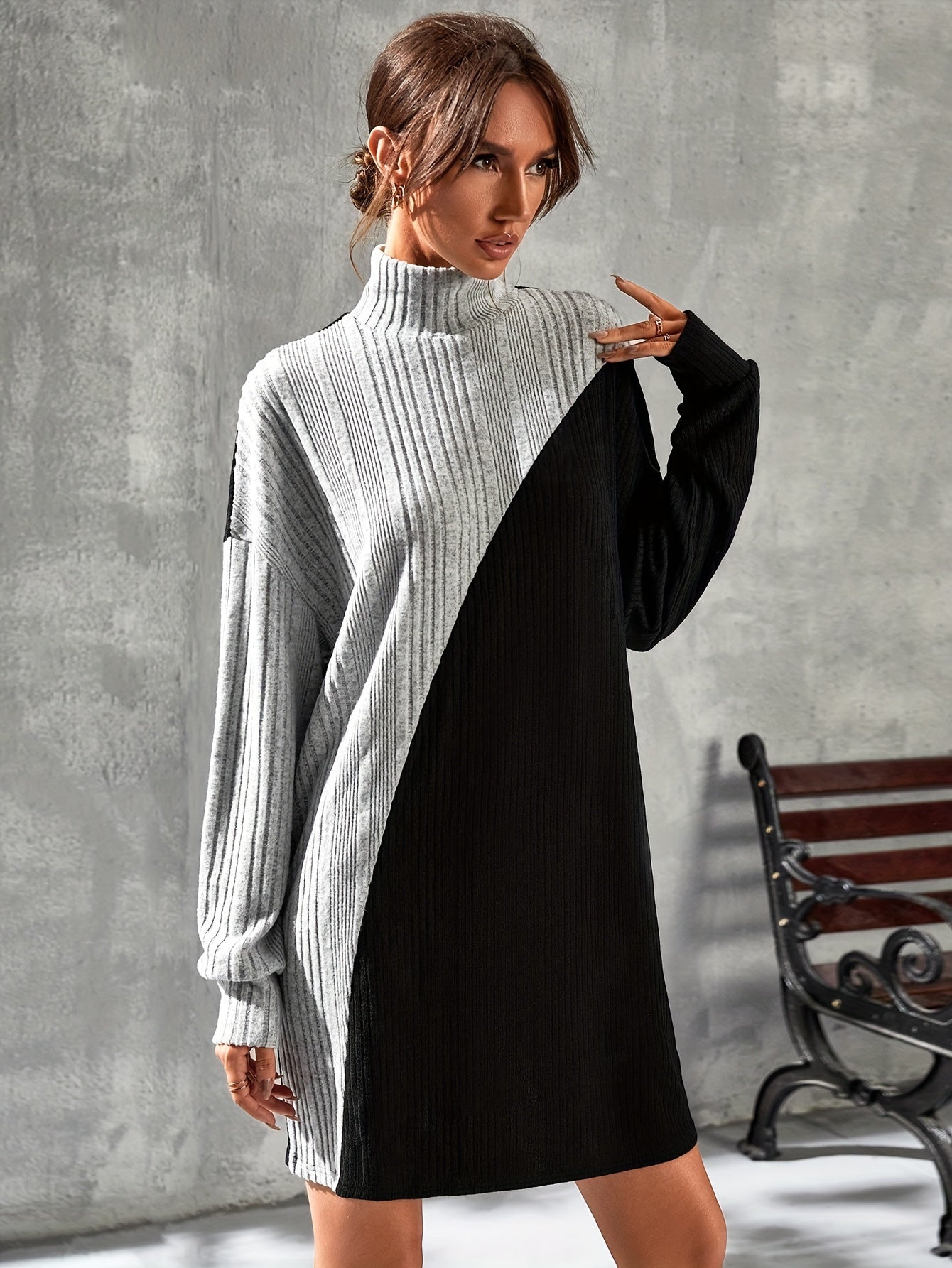 Color Block Long Sleeve Knitted Dress, Stylish Turtle Neck Rib Knit Above Knee Loose Dress, Women's Clothing