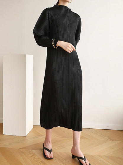 vmtvr - Original Creation Loose Long Sleeves Pleated Solid Color High-Neck Midi Dresses