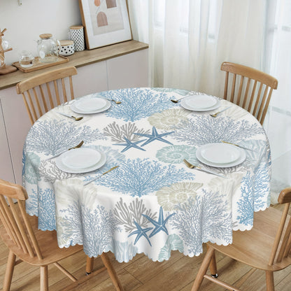 1pc Coastal Summer Round Tablecloth - Waterproof Stain Wrinkle Free Circle Table Cover for Indoor Outdoor Home Kit - Beach Starfish Coral Seashell Design, Easy Care, Durable, and Versatile Table Linen for Kitchen & Dining