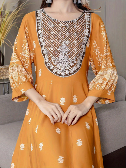 Boho Style Embroidered Dress, Elegant 3/4 Sleeve Swing Maxi Dress For Vacation, Women's Clothing