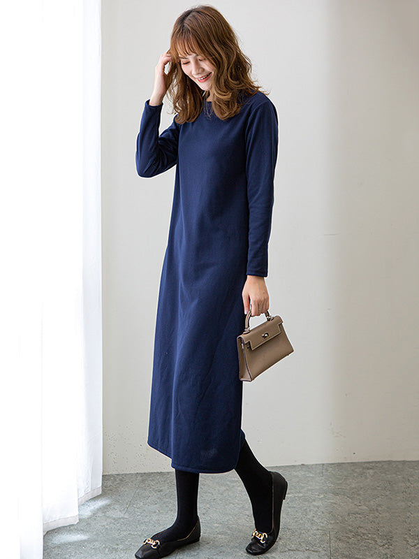 vmtvr - Simple Solid Color Round-Neck A-Line Midi Dress