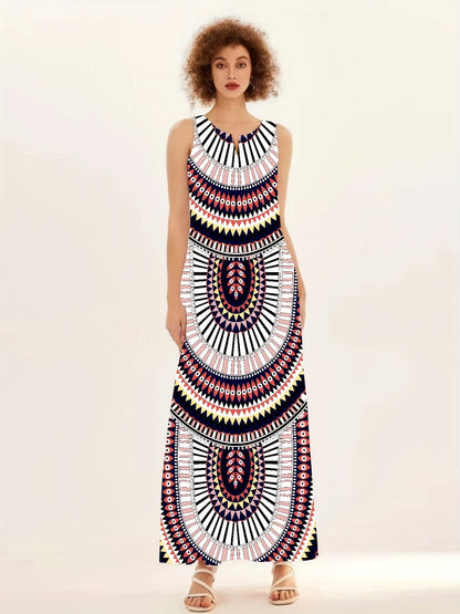 Tribal Print Notch Neck Dress, Boho Sleeveless Maxi Dress With Pockets, Women's Clothing