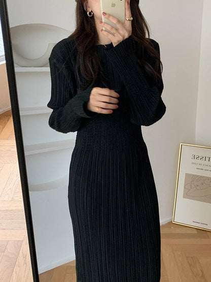 vmtvr - Simple Long Sleeves Black Split-Joint Elasticity Waist Pleated Midi Dress