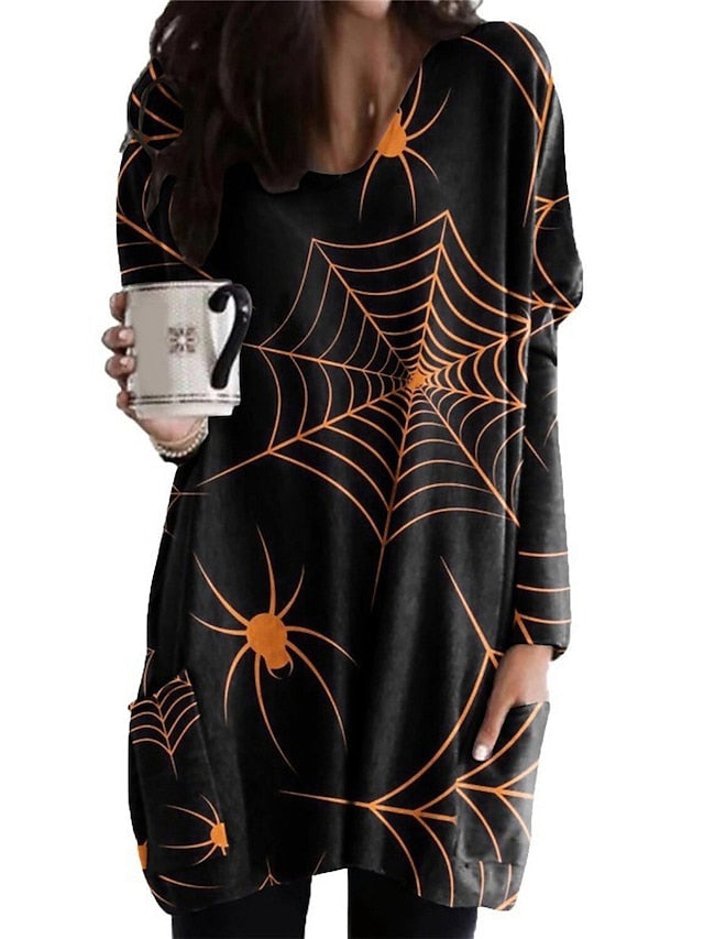 Women‘s Halloween Dress Casual Dress Shift Dress Print Dress Print Pocket Print V Neck Mini Dress Active Fashion Vacation Long Sleeve Loose Fit Light Yellow Black Yellow Fall Winter S M L XL XXL