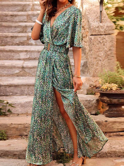 vmtvr - Printed V-Neck Slit Maxi Dress