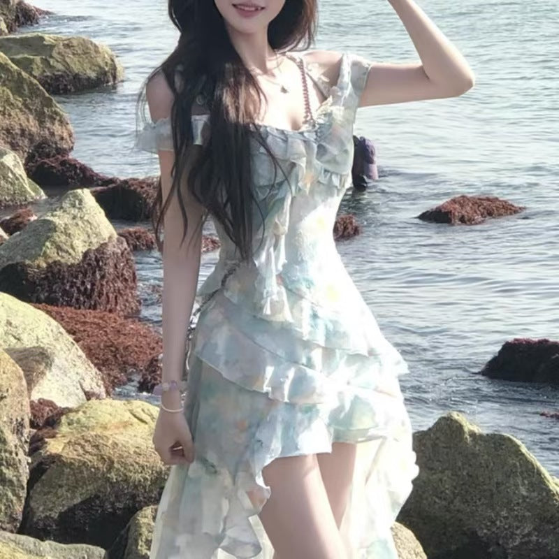 vmtvr Summer Beach Style Flroal Y2k Mini Dress Woman Chiffon Elegant Y2k Mini Dress Korean Fashion Short Party Dress Office Lady