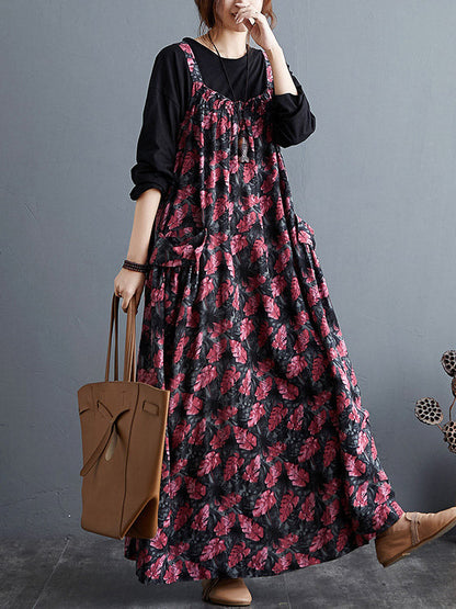 vmtvr - Artistic Retro Ramie Cotton Loose 3 Colors Floral Printed Square-Neck Sleeveless Strap Dress