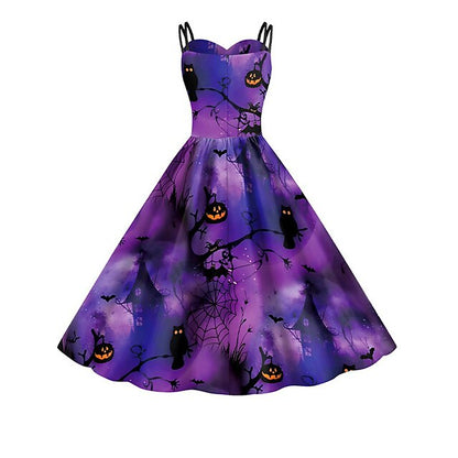 Women‘s Halloween Dress Retro 1950s Vintage Dress Midi Dress Holiday Backless Print Pumpkin Spaghetti Strap Sleeveless Regular Fit Spring Fall  Deep Purple Purple S M L XL