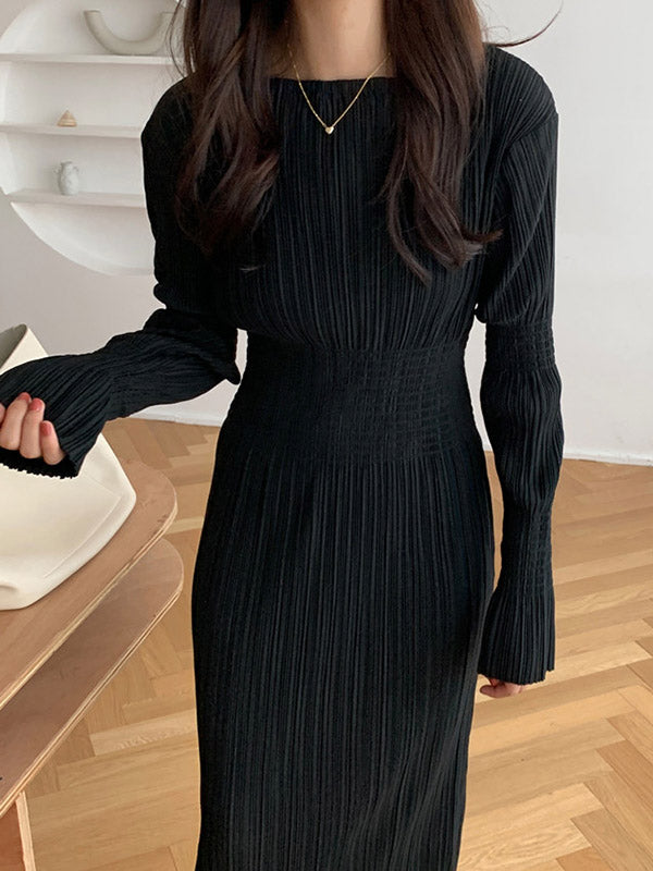 vmtvr - Simple Long Sleeves Black Split-Joint Elasticity Waist Pleated Midi Dress