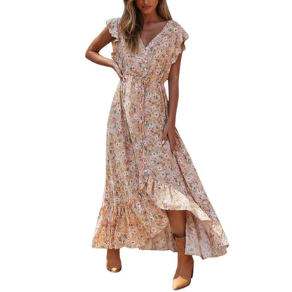 vmtvr - Summer Beach Maxi Dress Women Floral Print Boho Long Dress Ruffles Wrap Casual V-Neck Split Sexy Party Dress