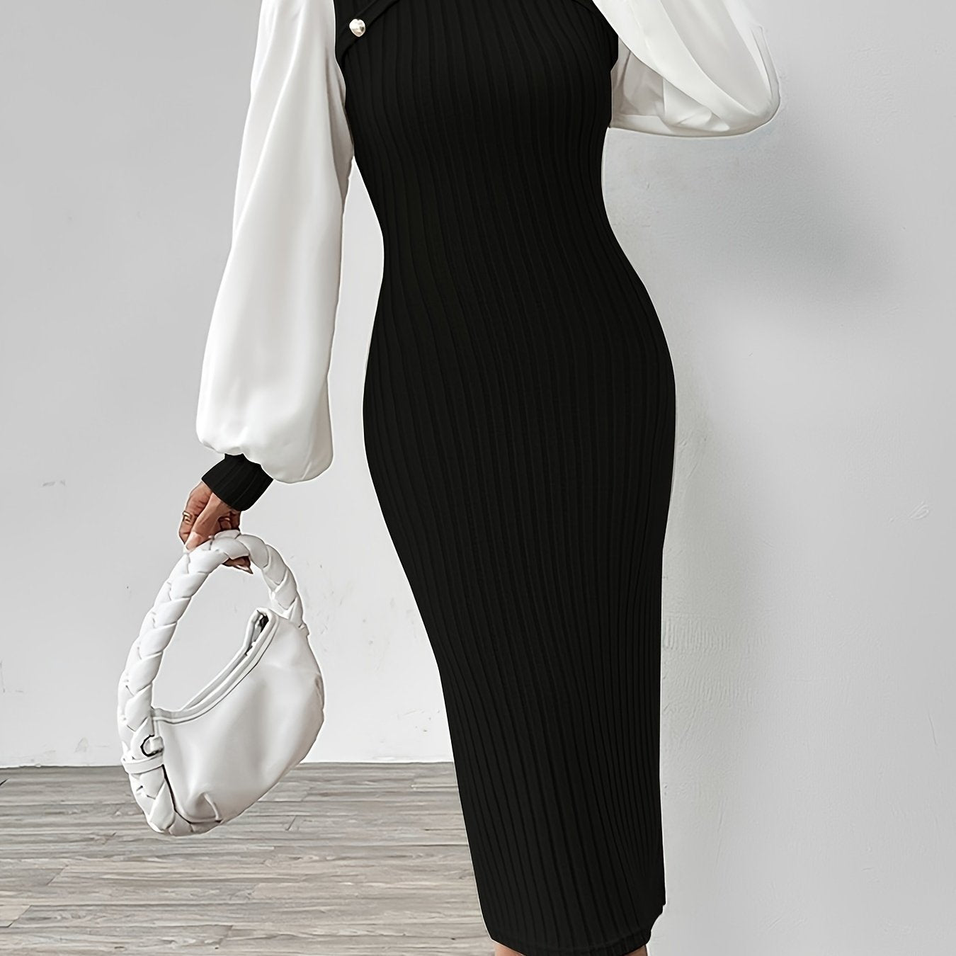 Ribbed Knit Button Decor Sheath Dress, Elegant Mock Neck Lantern Sleeve Midi Length Dress, Women's Clothing